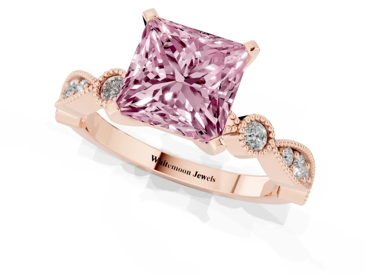 Fancy Pink Princess Cut Milgrain Bezel Diamond Engagement Ring with Solitaire Prong Setting Rose gold