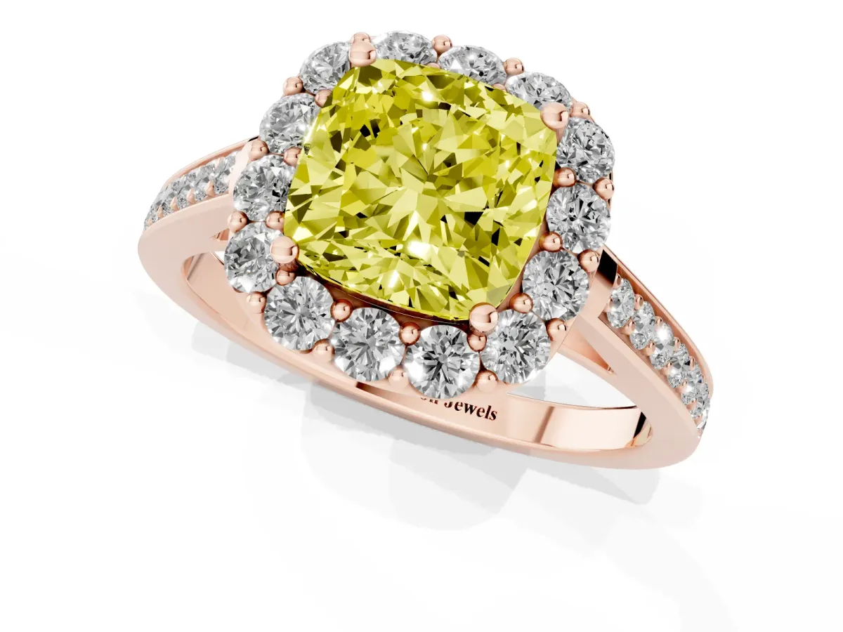 Fancy Yellow Cushion Cut Diamond Floral Halo Ring with Pavé Band and Prong Setting Rose gold