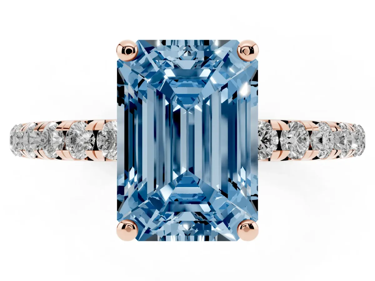 Fancy Blue Emerald Cut Cut Diamond Solitaire Ring with Micro Pave Band and Four Prong Setting Rose gold