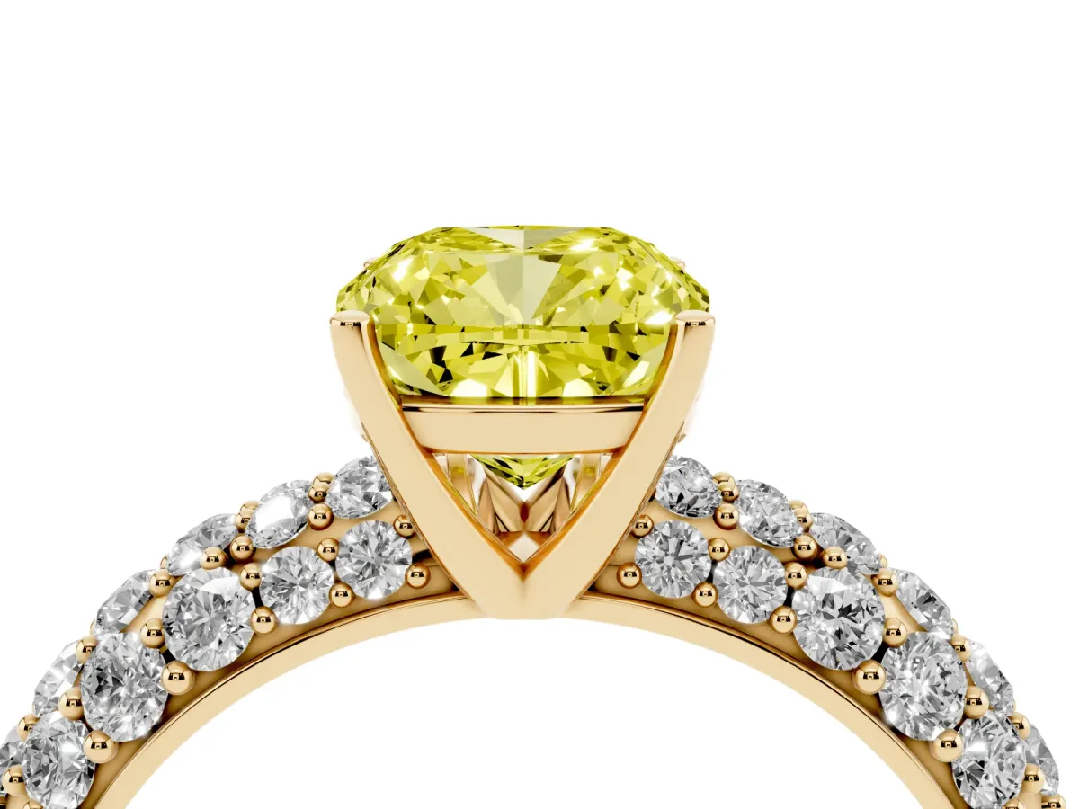 Fancy Yellow Cushion Cut Diamond Pavé Band Solitaire Ring with Four-Prong Setting Yellow gold