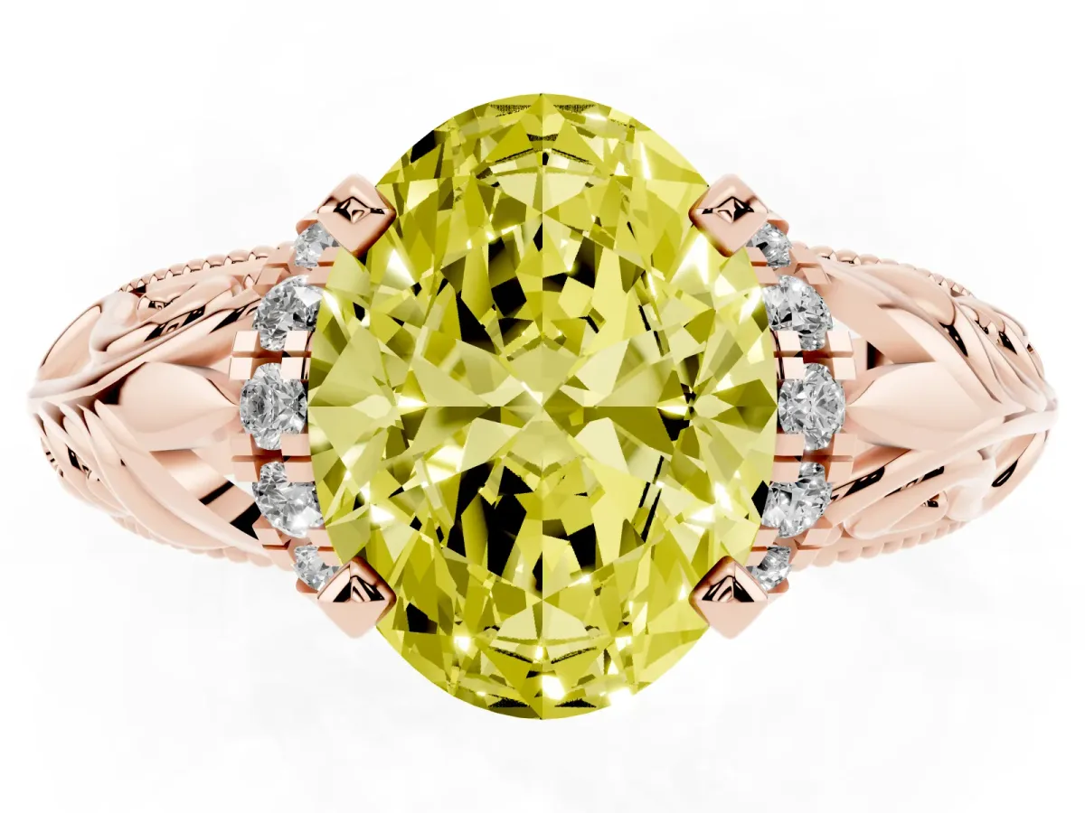 Fancy Yellow Oval Cut Solitaire Filigree Engagement Ring with Halo and Prong Setting Rose gold