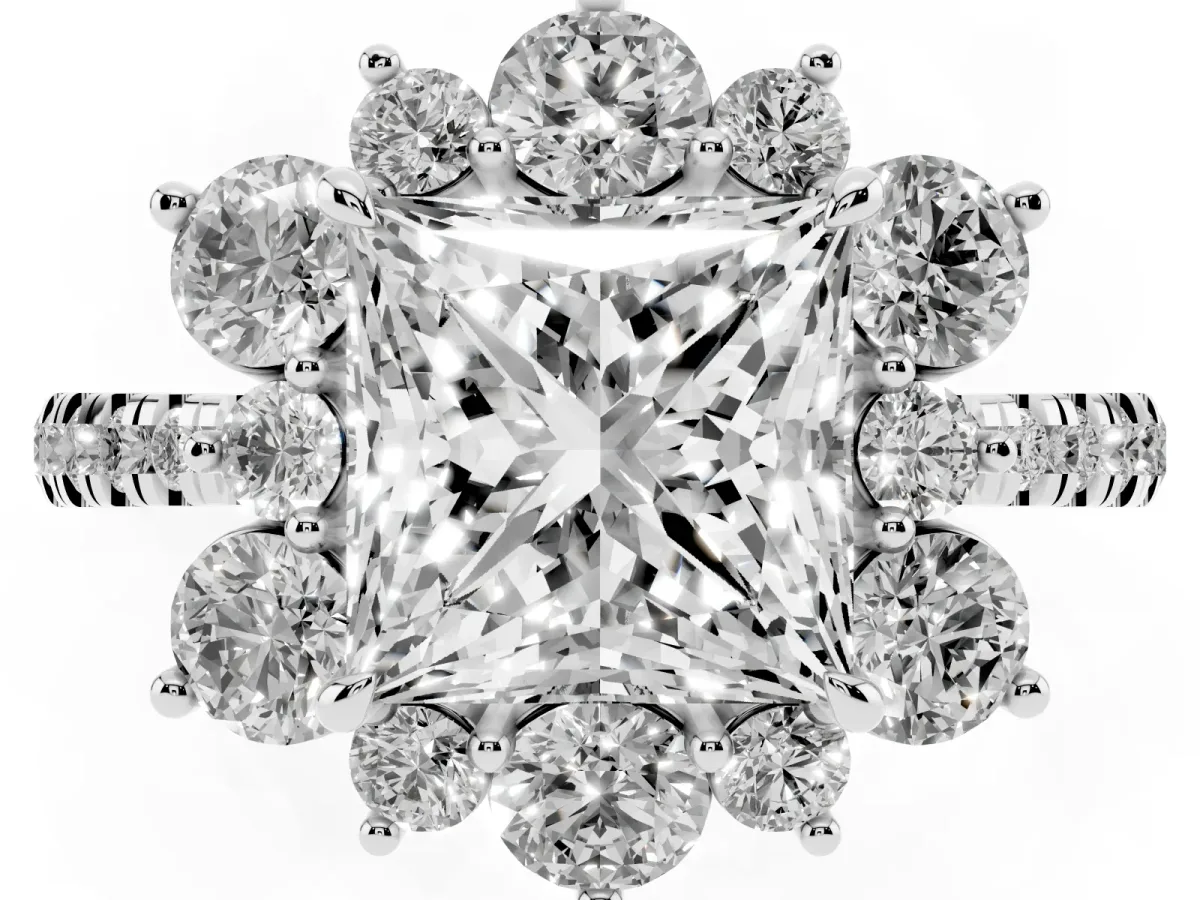 Princess Cut Diamond Floral Halo Ring with Round Pavé Band and Prong Setting Silver