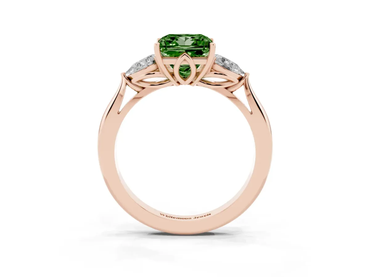 Fancy Green Three-Stone Princess Cut Diamond Ring with Pear Side Stones in Four-Prong Setting Rose gold