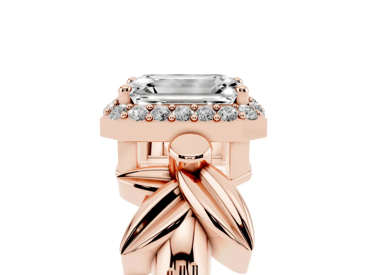 Emerald Cut Halo Diamond Floral Band with Four-Prong Setting Rose gold