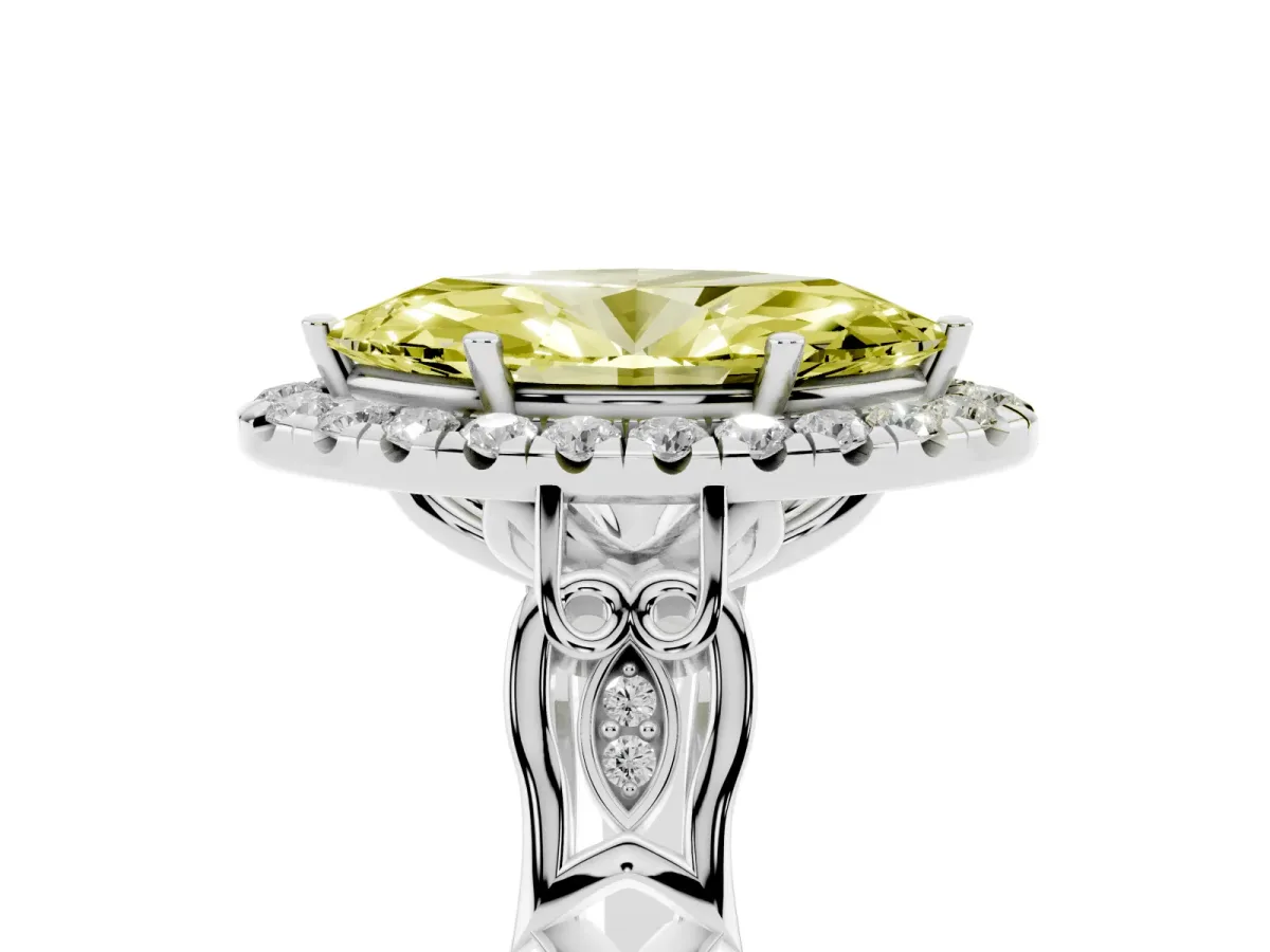 Fancy Yellow Marquise Cut Halo Diamond Engagement Ring with Filigree Band and Four-Prong Setting Platinum
