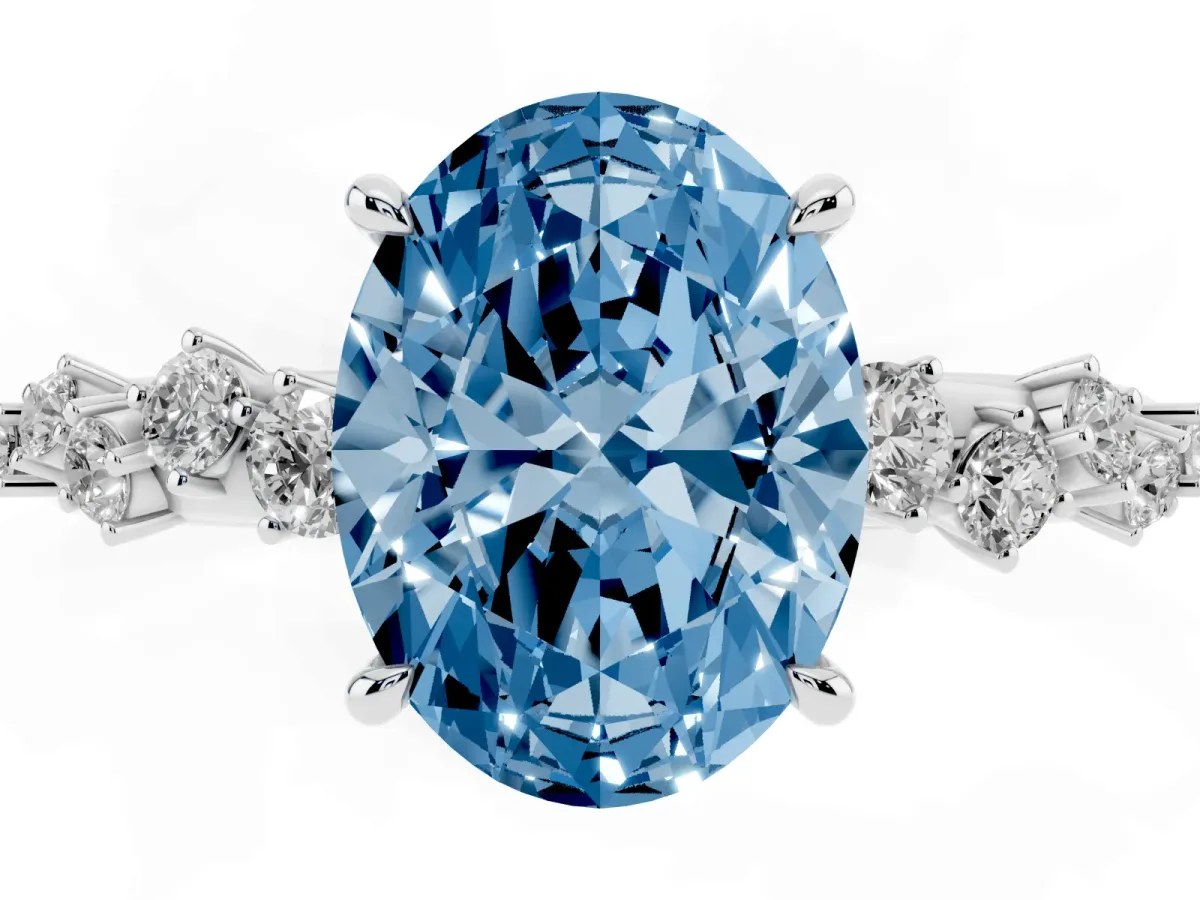 Fancy Blue Oval Cut Diamond Cluster Side Stone Solitaire Ring with Prong Setting Silver