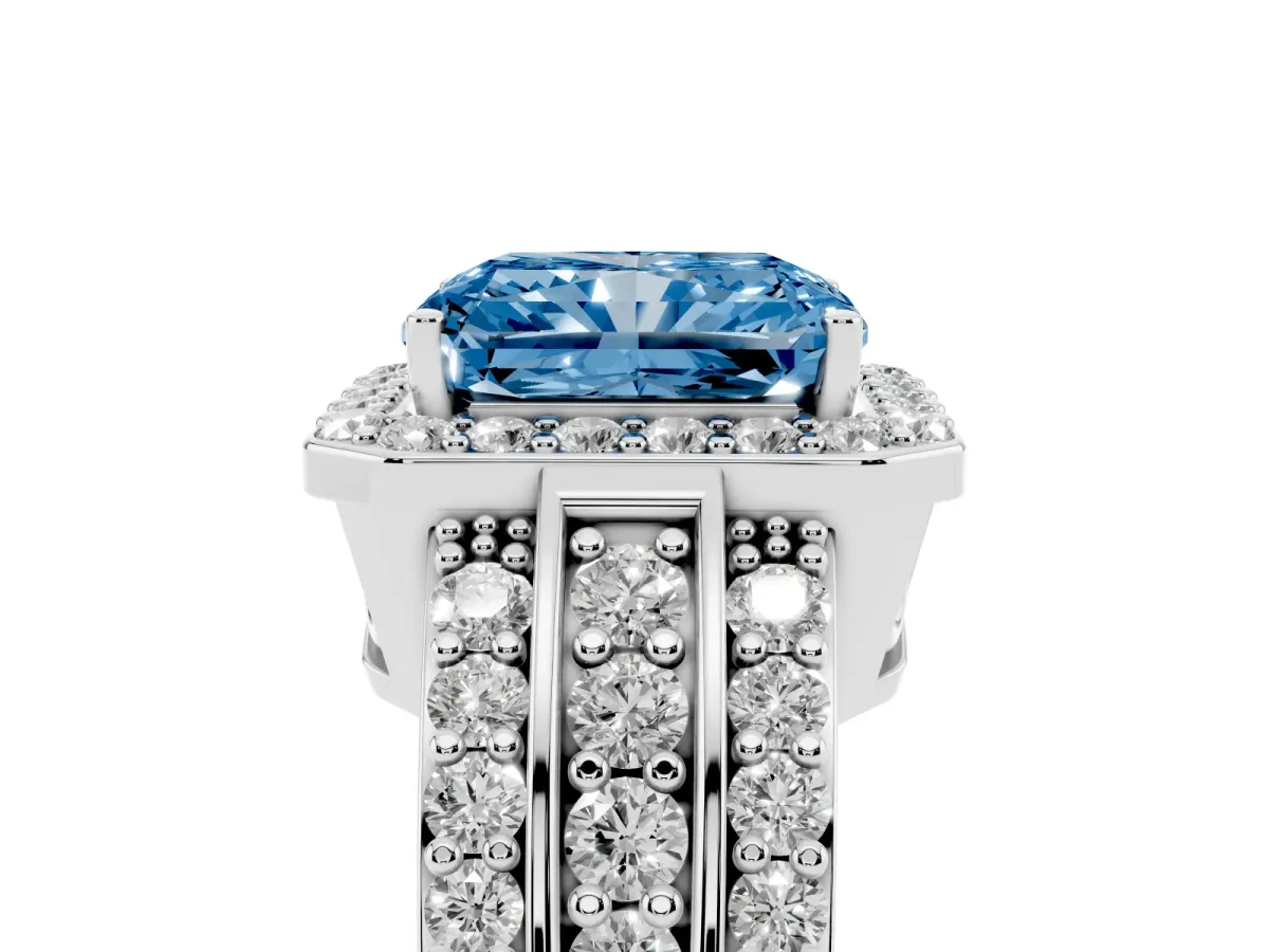 Fancy Blue Radiant Cut Halo Diamond Ring with Round Split Shank and Prong Setting Silver