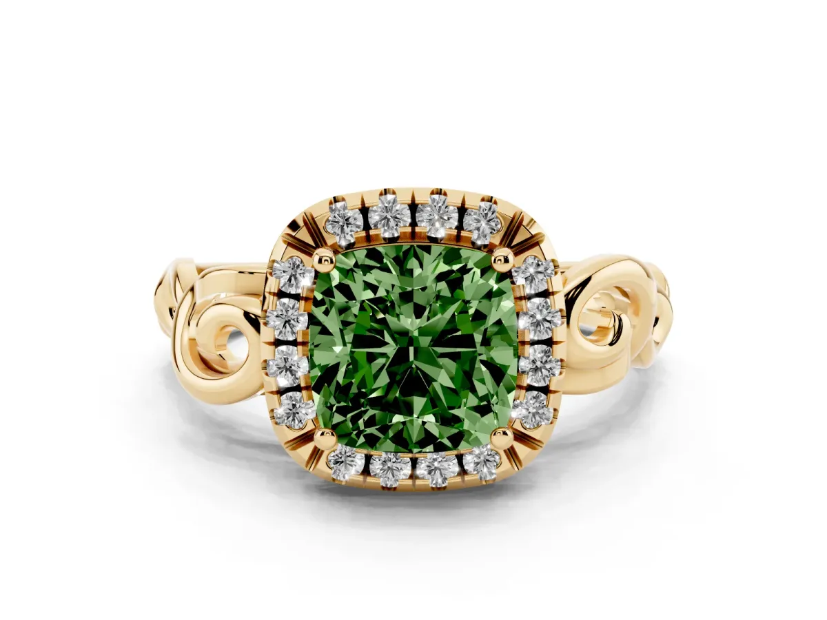 Fancy Green Cushion Cut Cut Halo Diamond Ring with Scrollwork Band and Four-Prong Setting Yellow gold