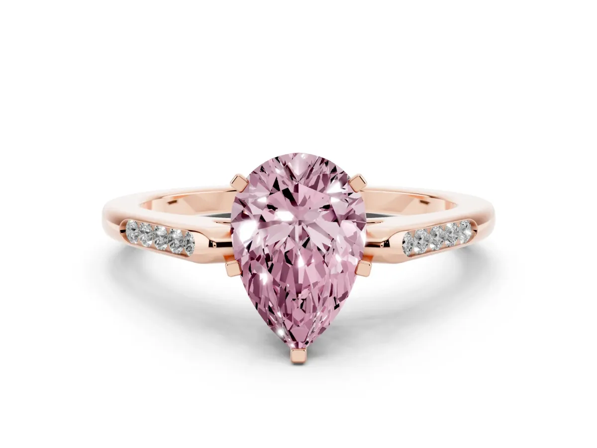 Fancy Pink Pear Cut Diamond Solitaire Ring with Channel Set Round Band and Prong Setting Rose gold