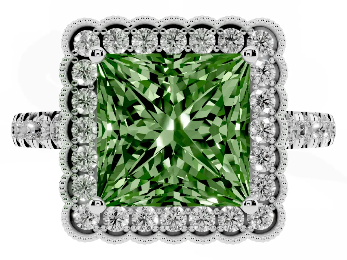Fancy Green Princess Cut Cut Diamond Milgrain Floral Halo Engagement Ring with Pavé Band Silver