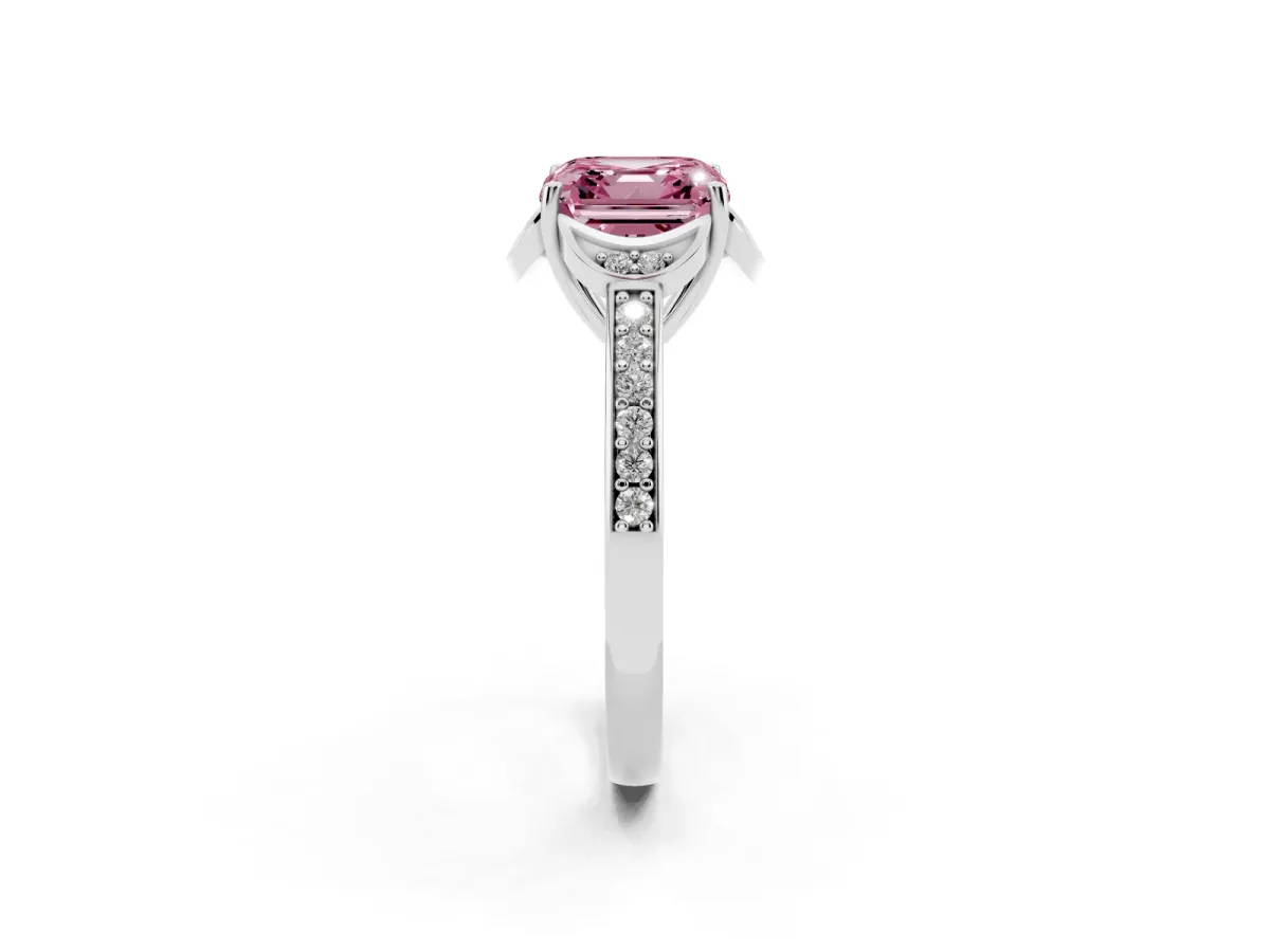 Fancy Pink Asscher Cut Cut Halo Diamond Ring with Channel Set Band and Four-Prong Setting White gold