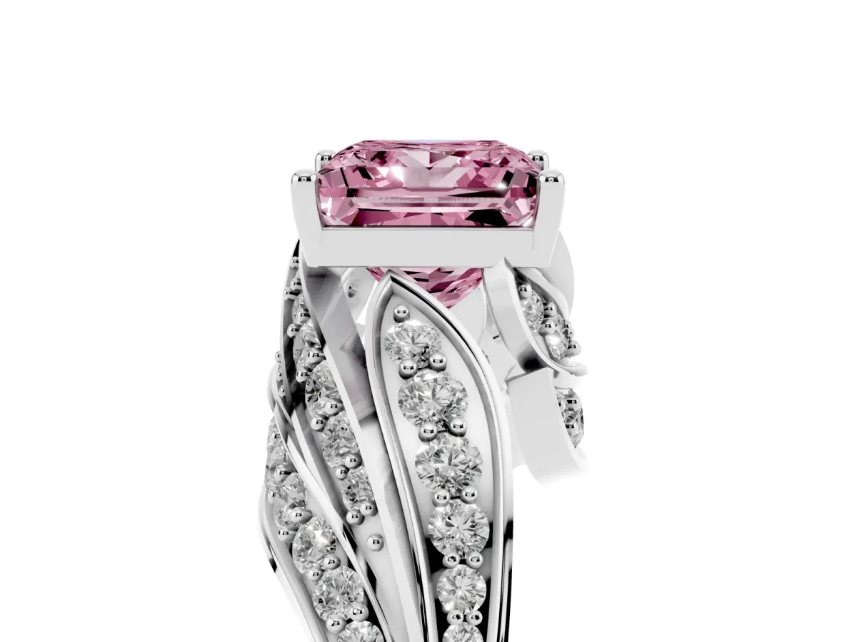 Fancy Pink Princess Cut Diamond Solitaire Ring with Prong Setting and Twisted Pavé Band Silver
