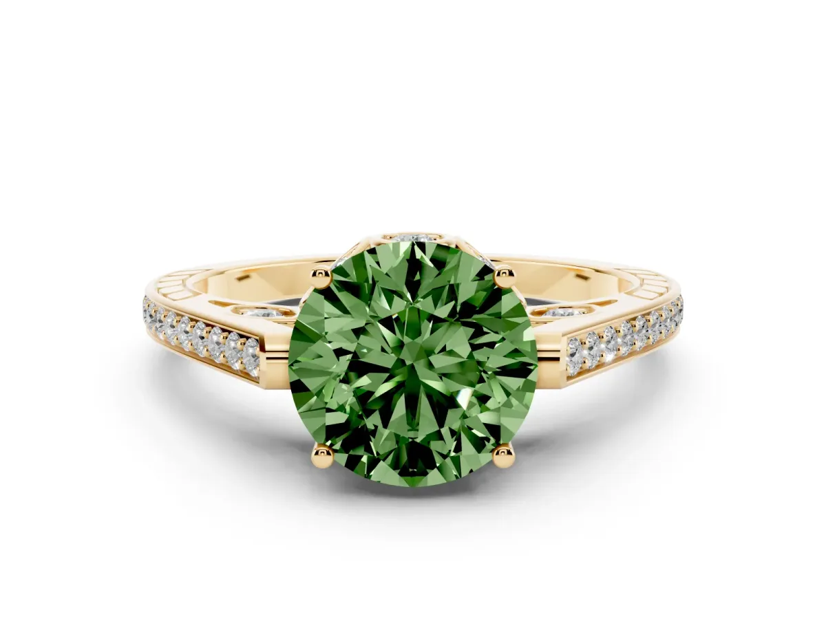 Fancy Green Round Cut Cut Cathedral Pave Diamond Engagement Ring with Six-Prong Setting Yellow gold