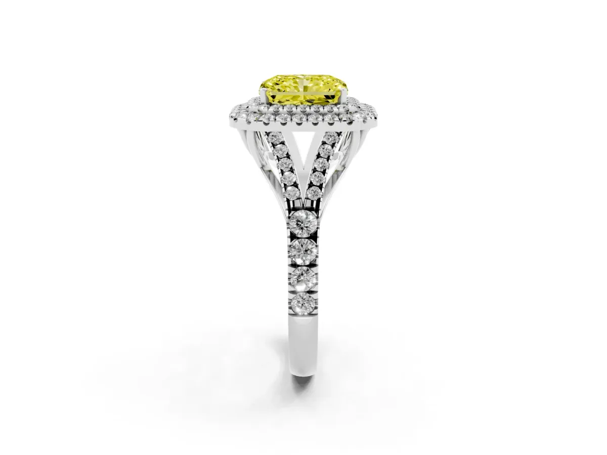 Fancy Yellow Radiant Cut Cut Double Halo Split Shank Diamond Ring with Prong Setting White gold