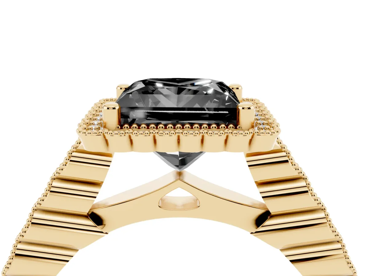 Fancy Black Princess Cut Cut Halo Pavé Solitaire Ring with Milgrain Band Yellow gold