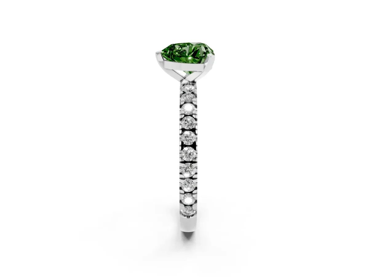 Fancy Green Heart Cut Diamond Pavé Band Solitaire with Four-Prong Setting Silver