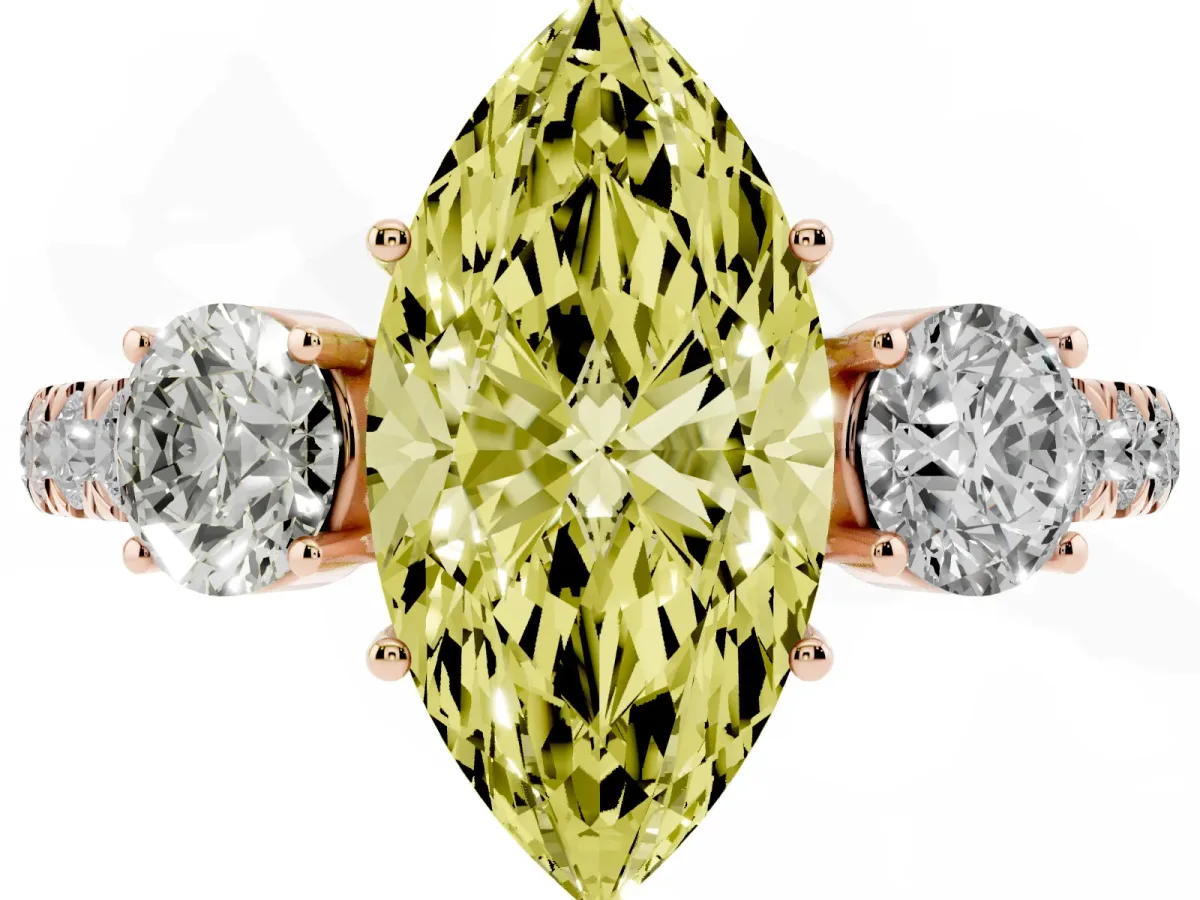 Fancy Yellow Marquise Cut Cut Diamond Three-Stone Ring with Round Side Stones and Pavé Band Rose gold