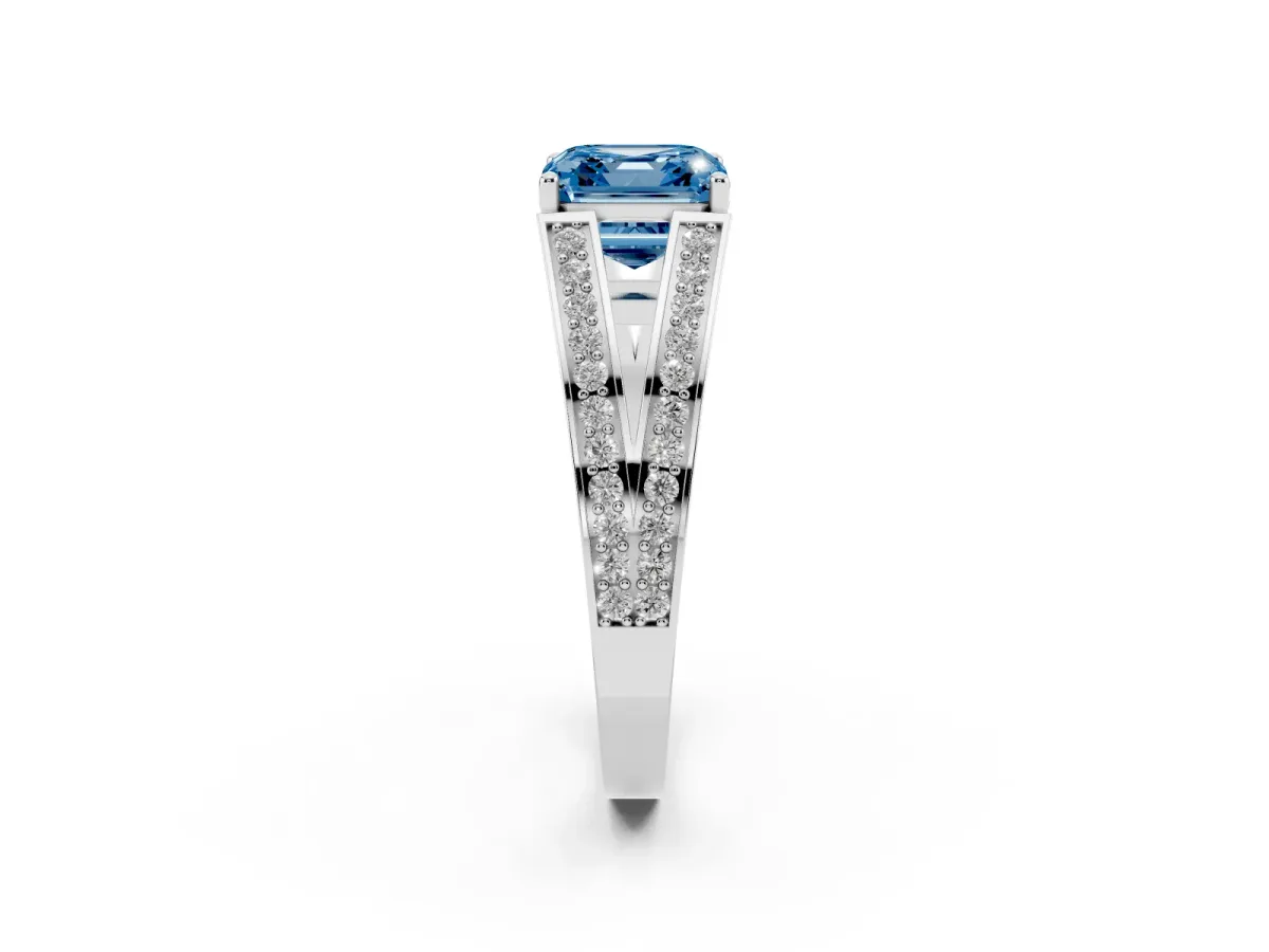 Fancy Blue Asscher Cut Diamond Split Shank Ring with Pavé Band and Four-Prong Setting White gold
