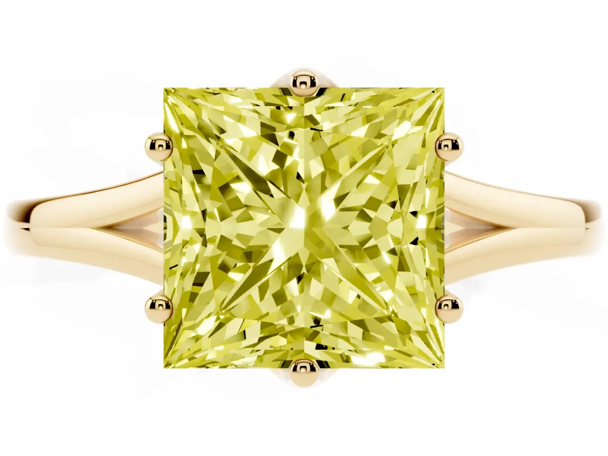 Fancy Yellow Princess Cut Solitaire Diamond Ring with Six-Prong Setting and Tapered Band Yellow gold