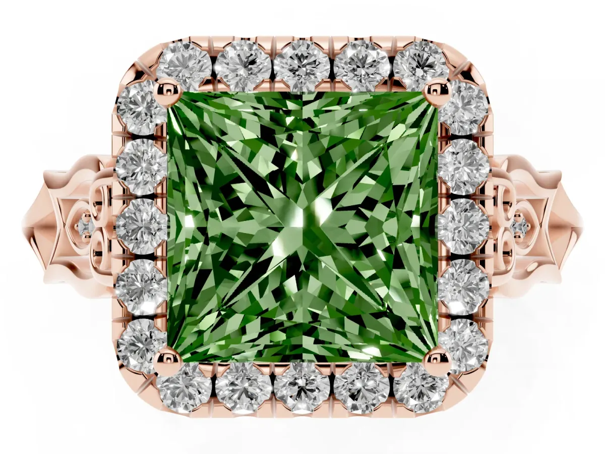 Fancy Green Princess Cut Halo Diamond Engagement Ring with Filigree Band and Four-Prong Setting Rose gold