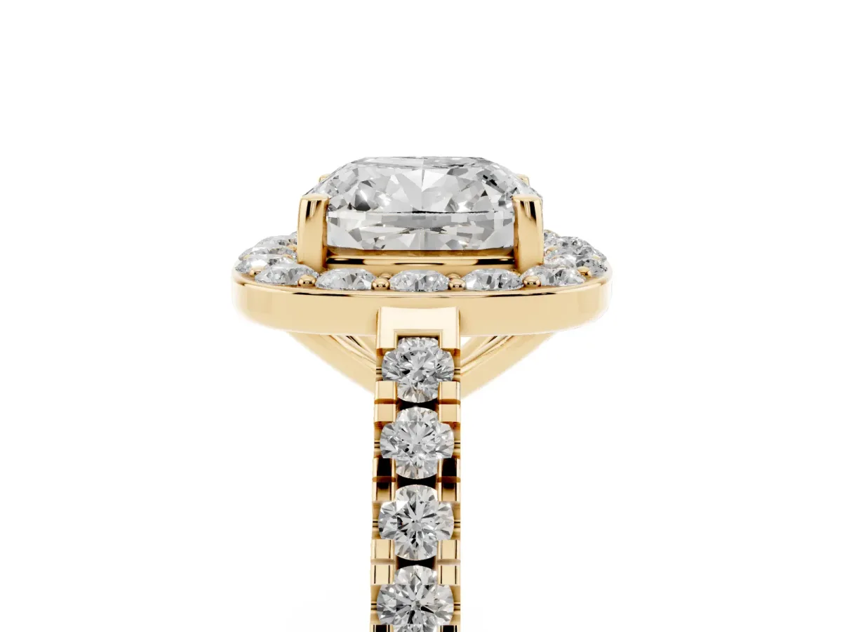 Cushion Cut Diamond Halo Ring with Round Pavé Split Shank and Prong Setting Yellow gold