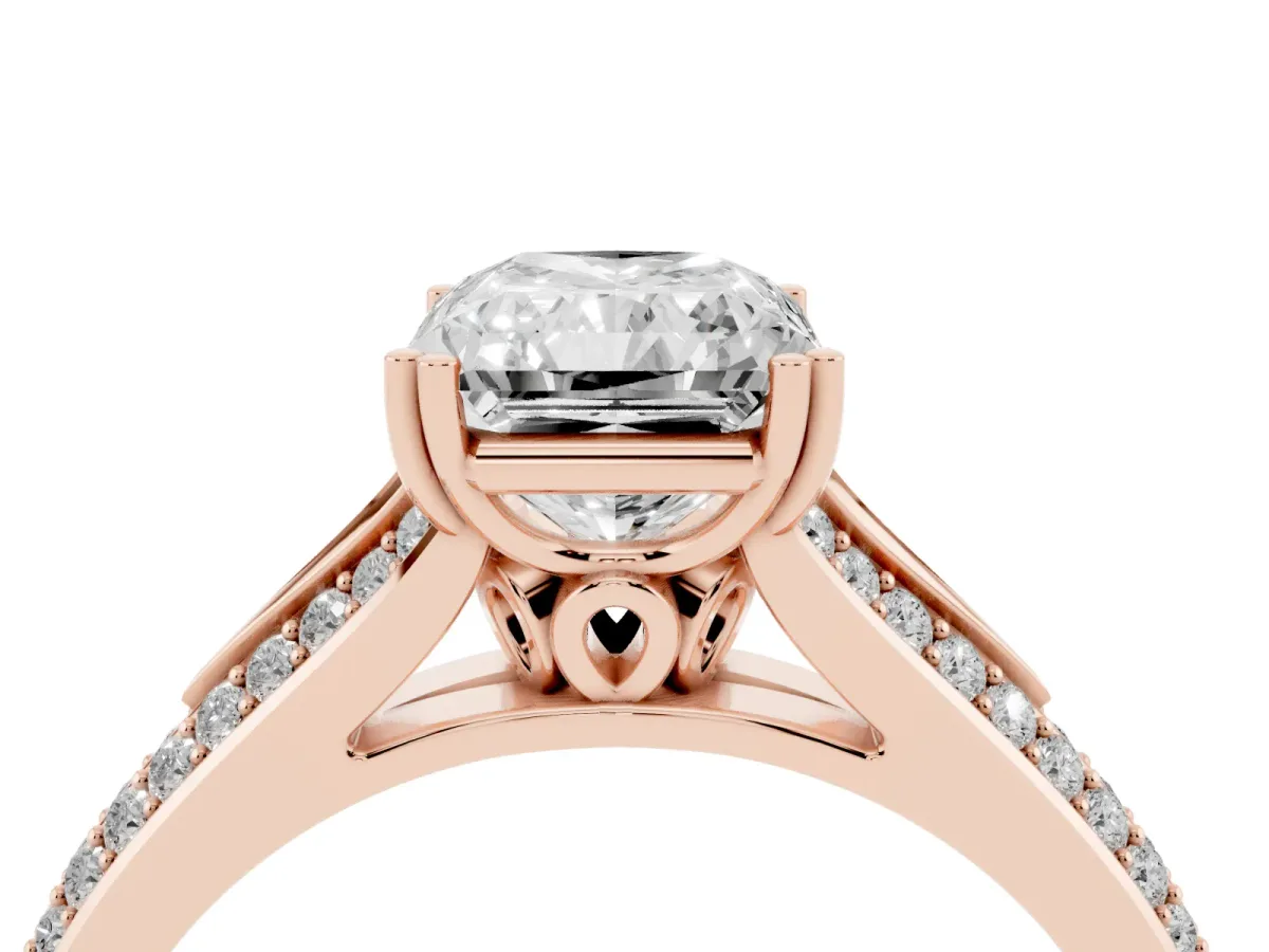 Radiant Cut Diamond Split Shank Engagement Ring with Pavé Band Rose gold