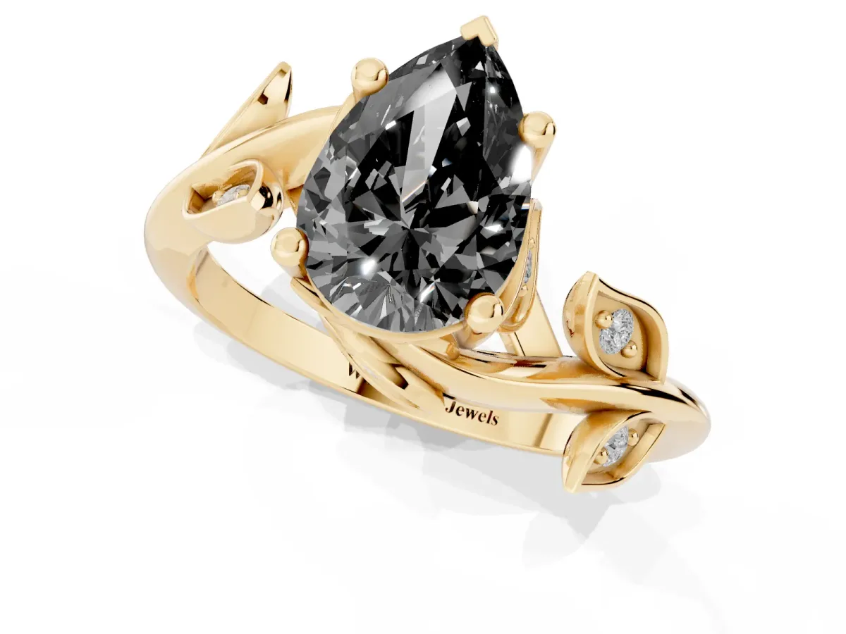 Fancy Black Pear Cut Solitaire Twist Engagement Ring with Leaf Accents and Prong Setting Yellow gold