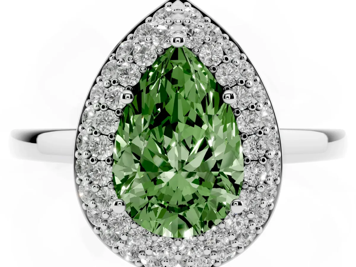 Fancy Green Pear Cut Halo Diamond Engagement Ring with Solitaire Band and Four-Prong Setting Silver