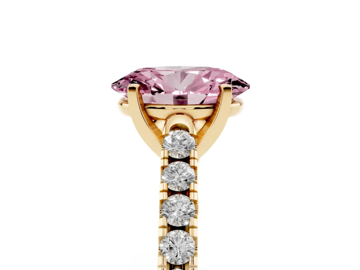 Fancy Pink Oval Cut Diamond Pavé Band Solitaire Ring with Prong Setting Yellow gold