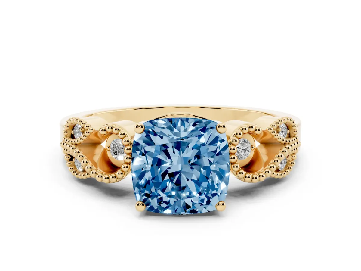 Fancy Blue Cushion Cut Solitaire Milgrain Leaf Band with Prong Setting Yellow gold