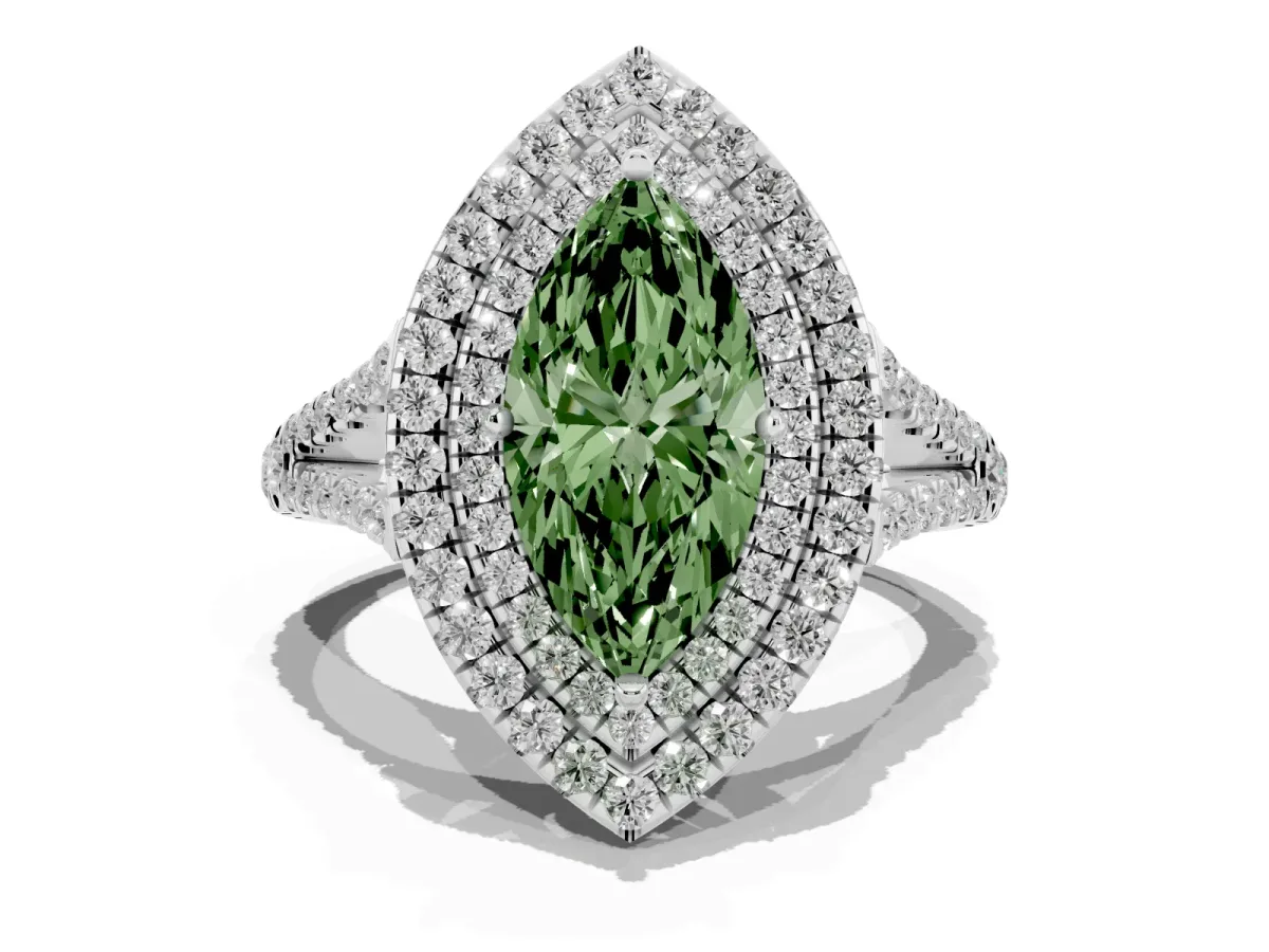 Fancy Green Marquise Cut Diamond Double Halo Ring with Pavé Band and Prong Setting Platinum