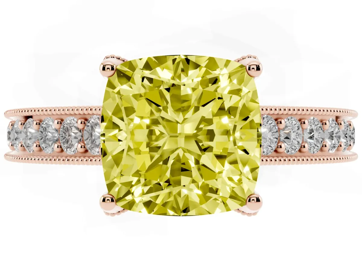 Fancy Yellow Cushion Cut Cut Diamond Solitaire Ring with Milgrain Pave Band and Four Prong Setting Rose gold