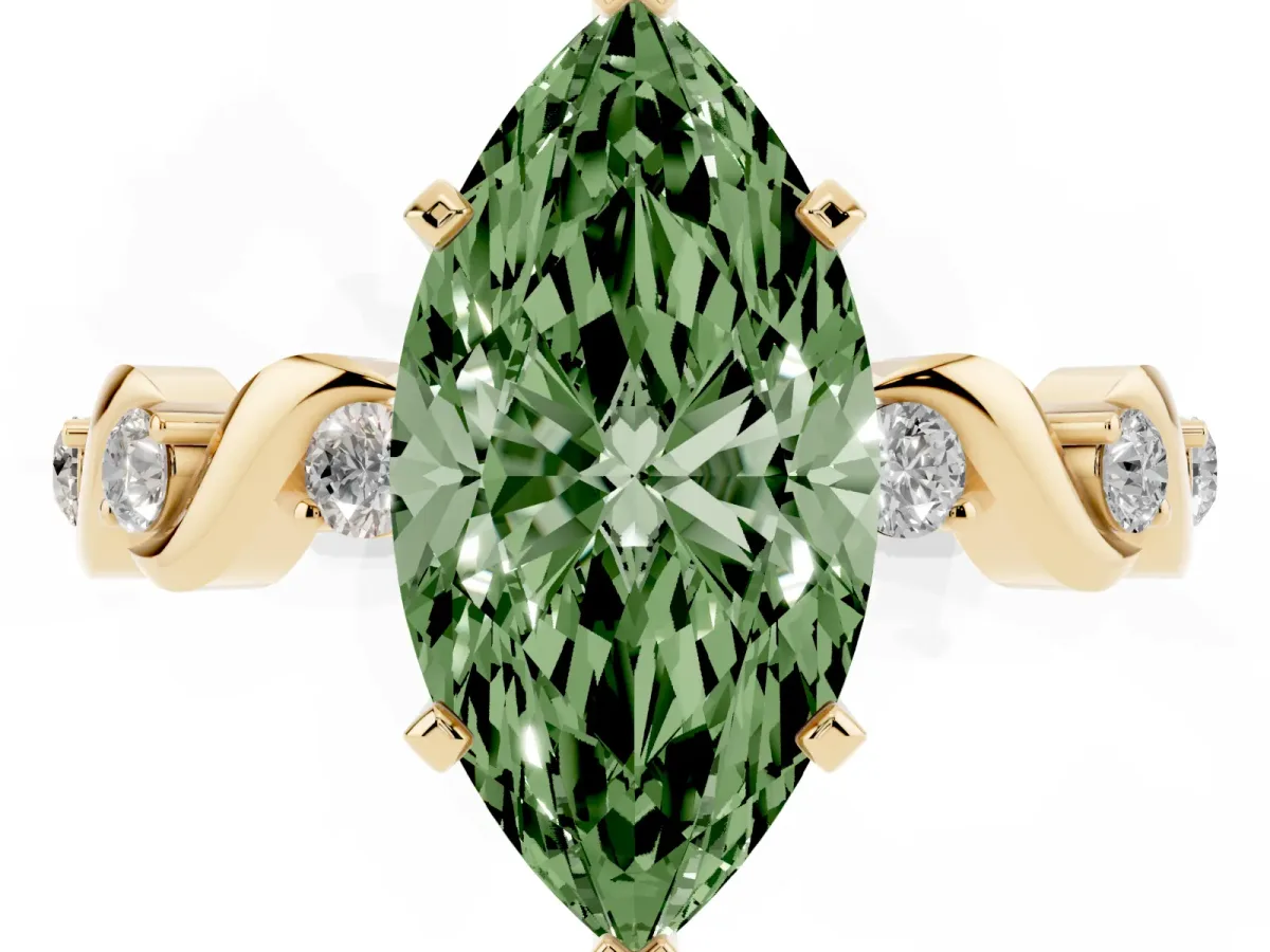 Fancy Green Marquise Cut Diamond Solitaire Twisted Band with Round Accents and Prong Setting Yellow gold