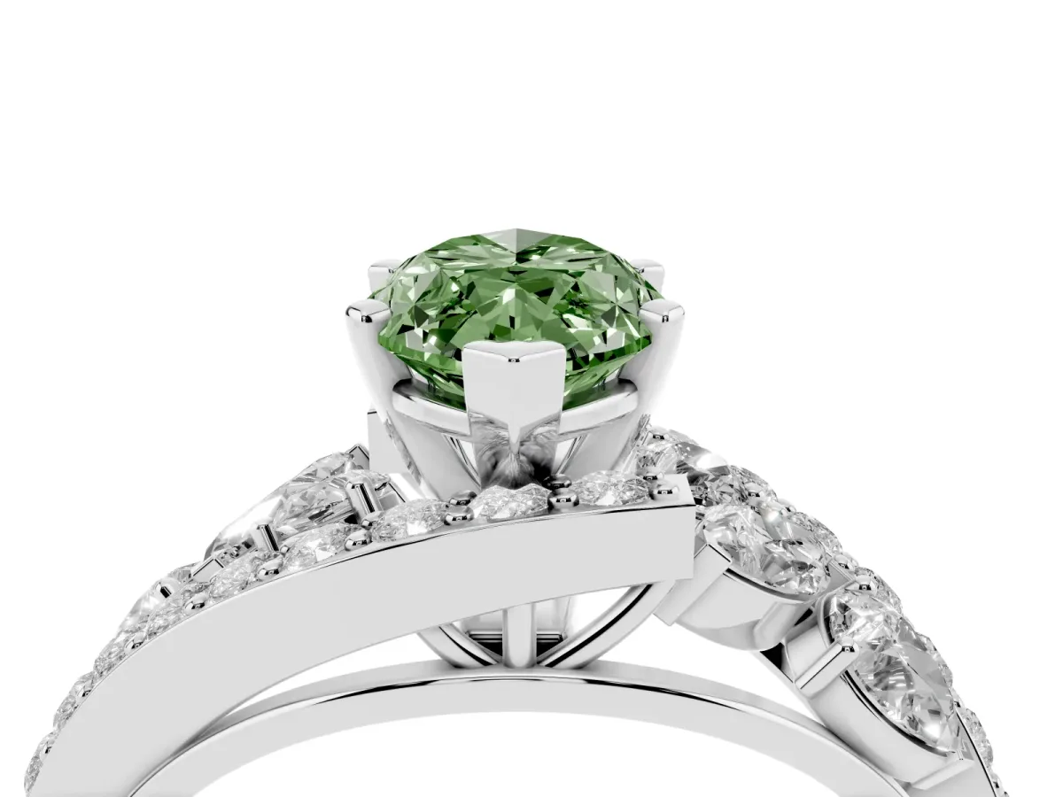 Fancy Green Marquise Cut Diamond Halo Ring with Marquise and Pavé Band in Prong Setting Platinum