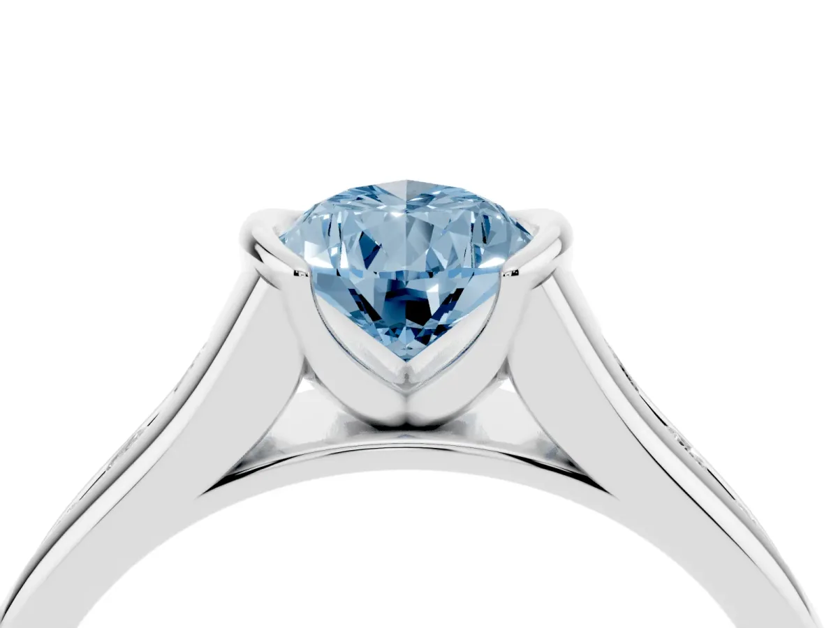Fancy Blue Pear Cut Solitaire Bezel-Set Diamond Ring with Channel-Set Band Platinum