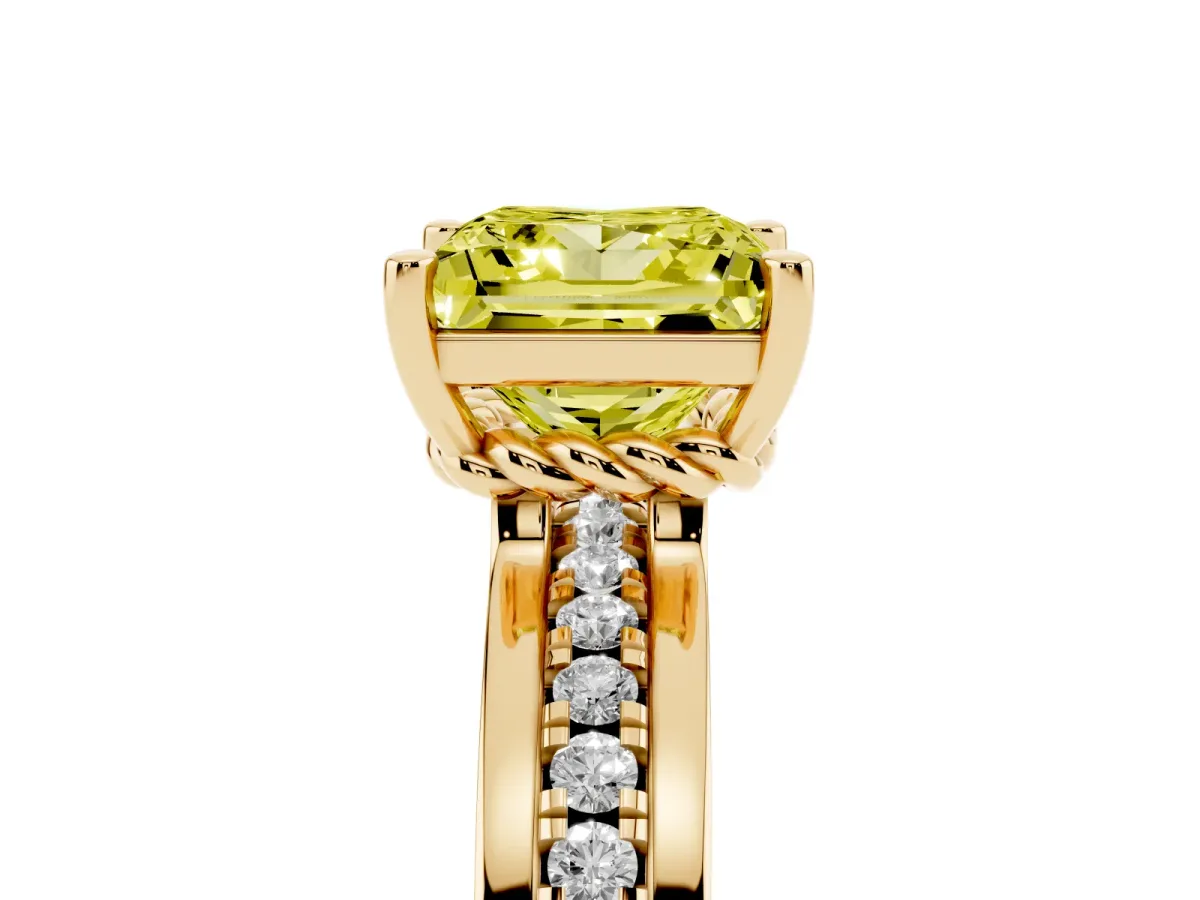 Fancy Yellow Princess Cut Solitaire Diamond Ring with Channel Set Band and Six-Prong Setting Yellow gold