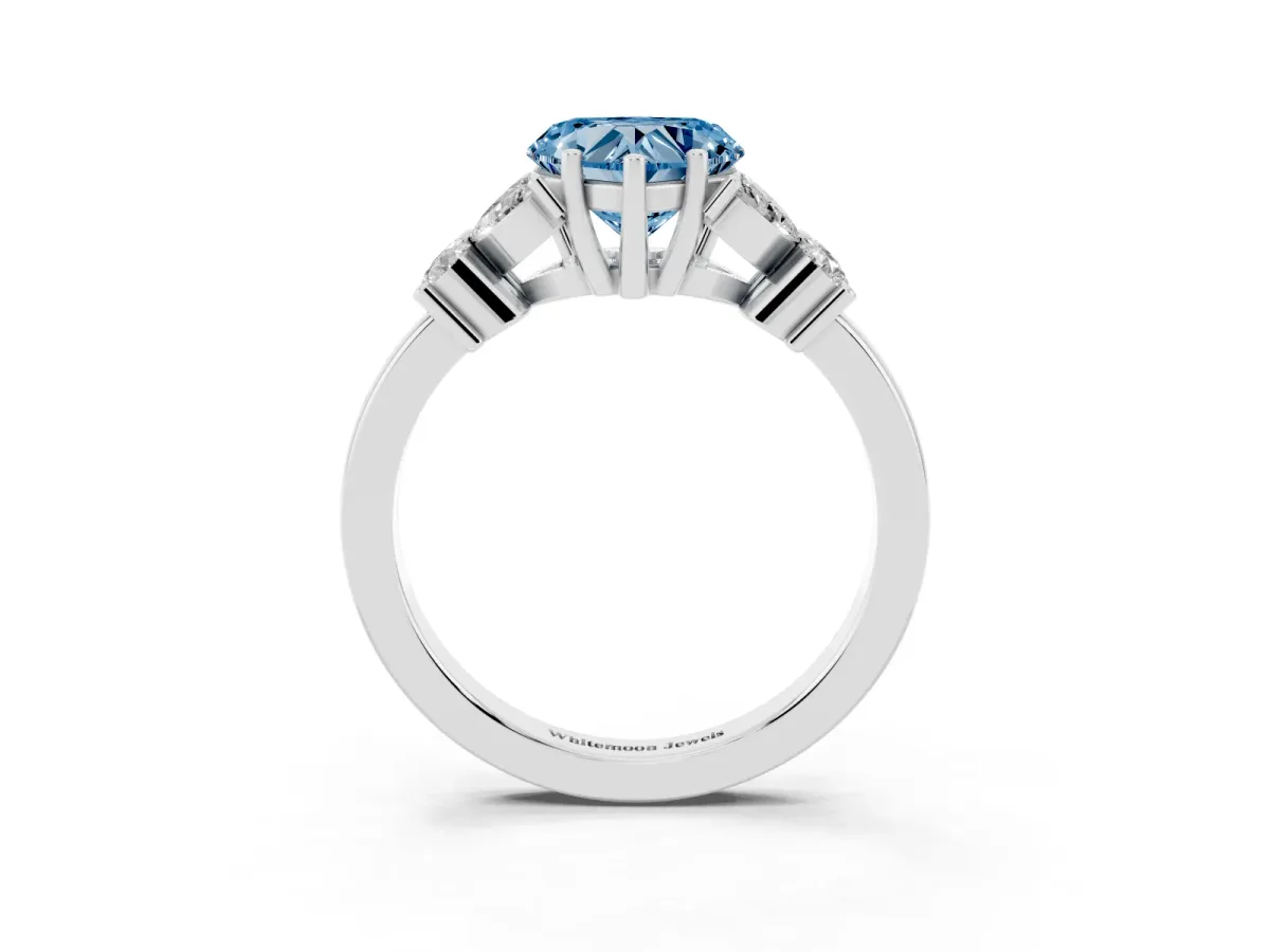 Fancy Blue Heart Cut Diamond Floral Cluster Ring with Solitaire Band and Prong Setting Platinum