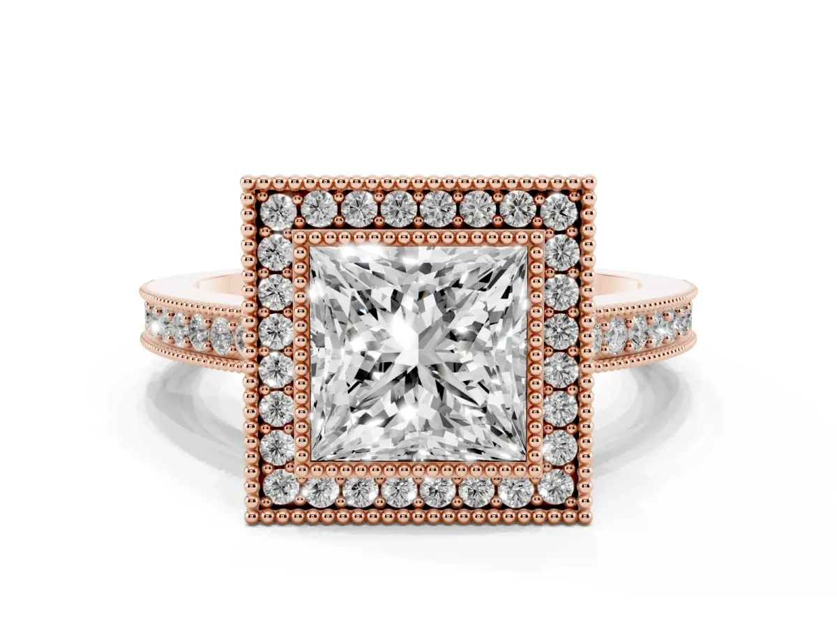 Princess Cut Cut Halo Pavé Diamond Ring Rose gold