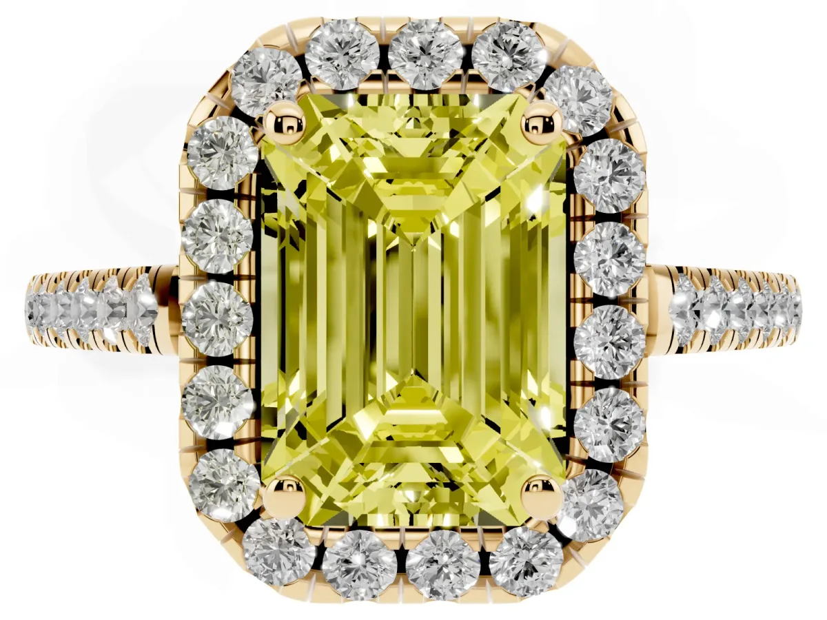 Fancy Yellow Emerald Cut Halo Pavé Diamond Engagement Ring with Four-Prong Setting Yellow gold