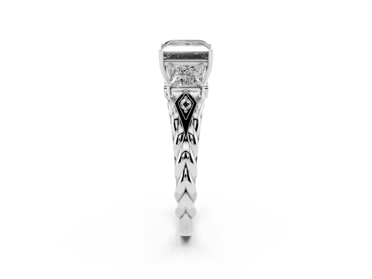 Fancy Black Three-Stone Princess Cut Diamond Braided Band Ring with Four-Prong Setting Platinum