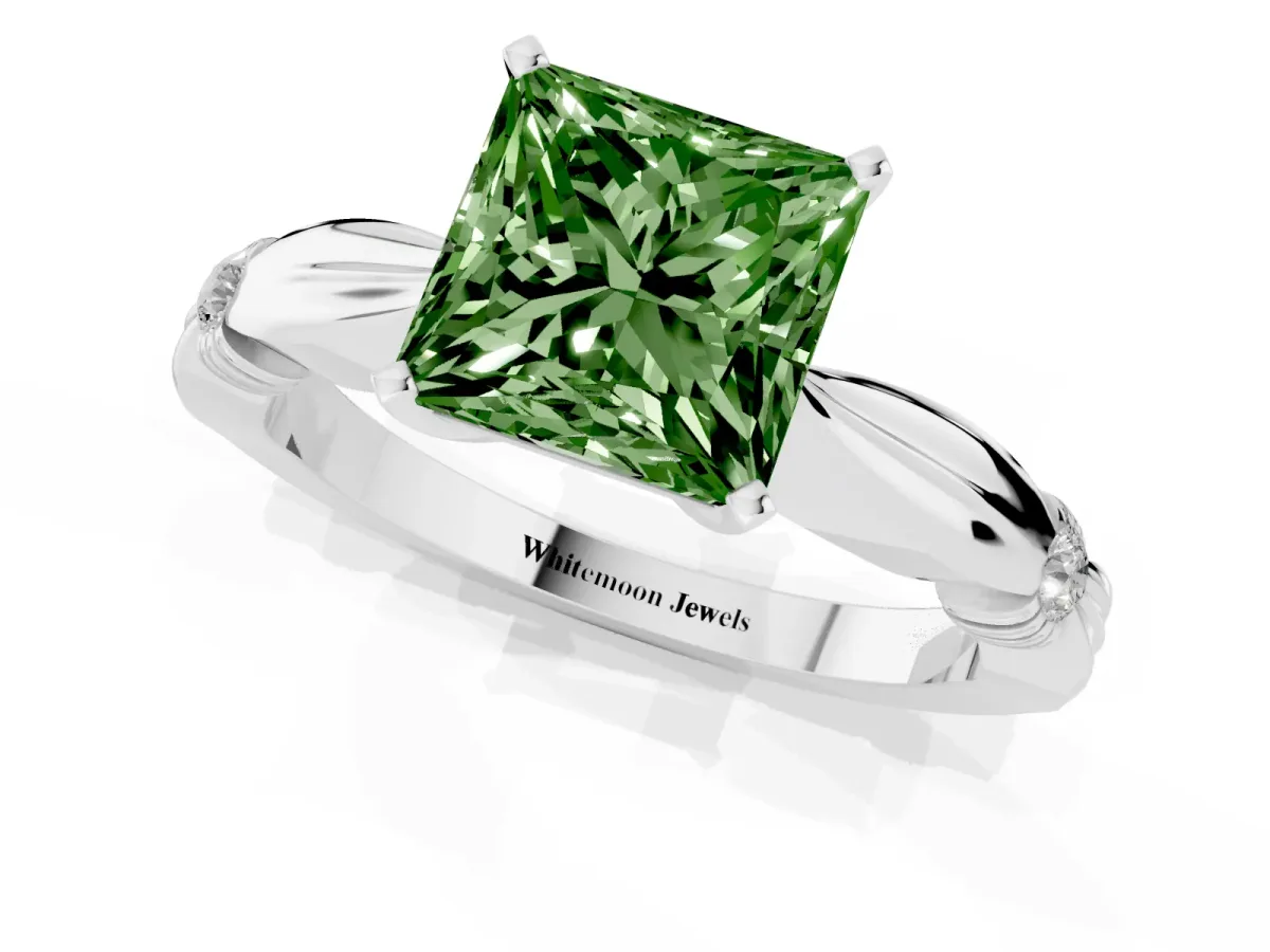 Fancy Green Princess Cut Solitaire Diamond Twisted Band with Four-Prong Setting Silver