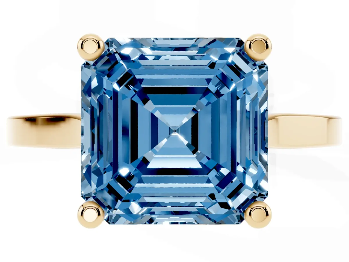 Fancy Blue Asscher Cut Solitaire Diamond Ring with Four-Prong Setting and Tapered Band Yellow gold