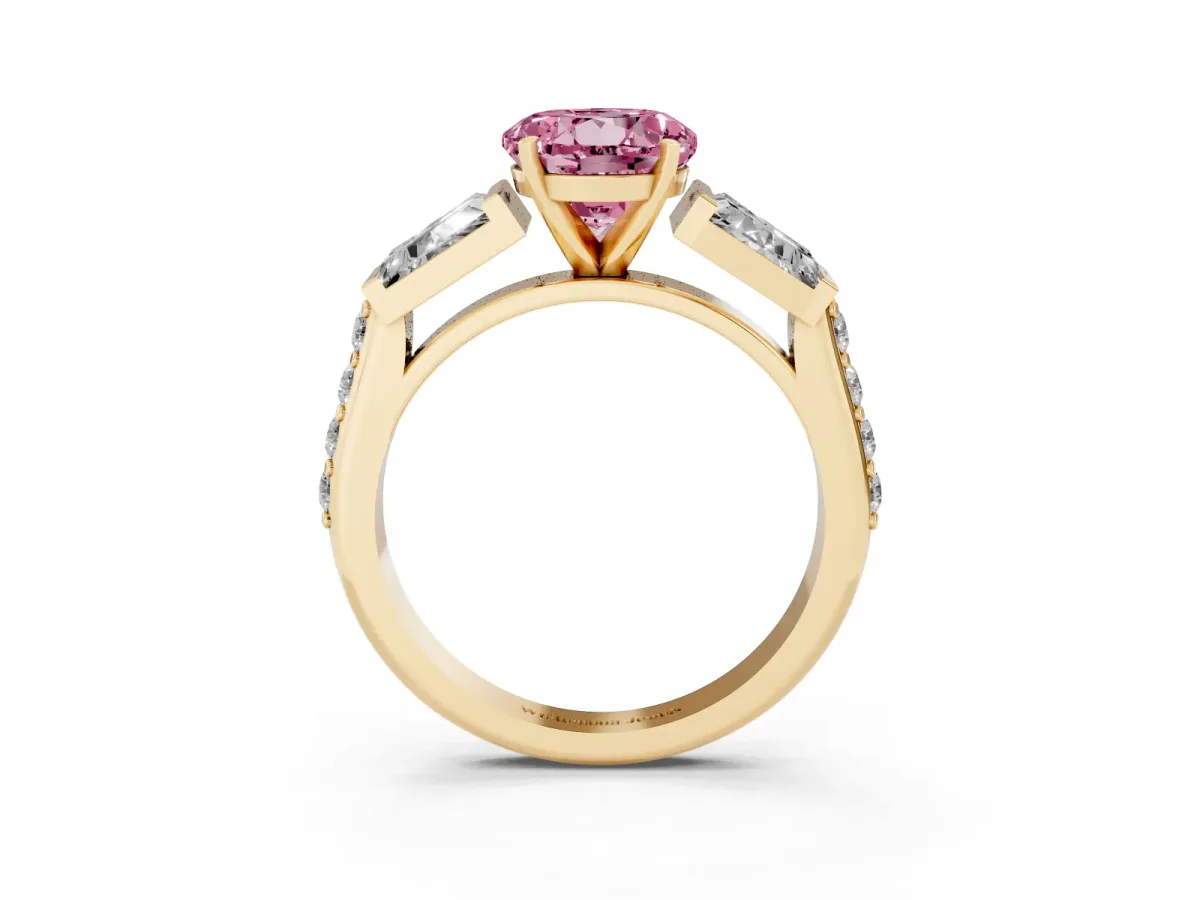 Fancy Pink Round Cut Diamond Engagement Ring with Baguette Side Stones and Channel Set Band Yellow gold
