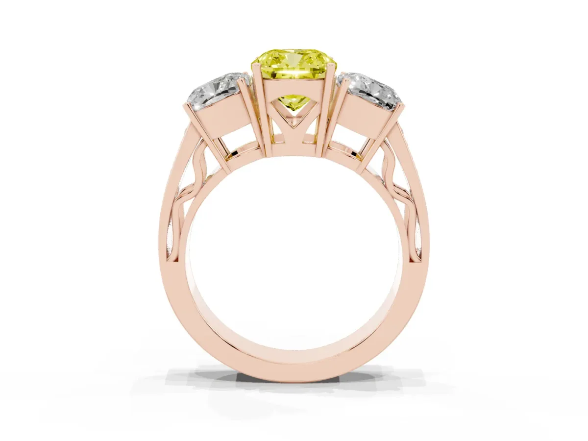 Fancy Yellow Cushion Cut Diamond Three-Stone Ring with Prong Setting and Textured Band Rose gold