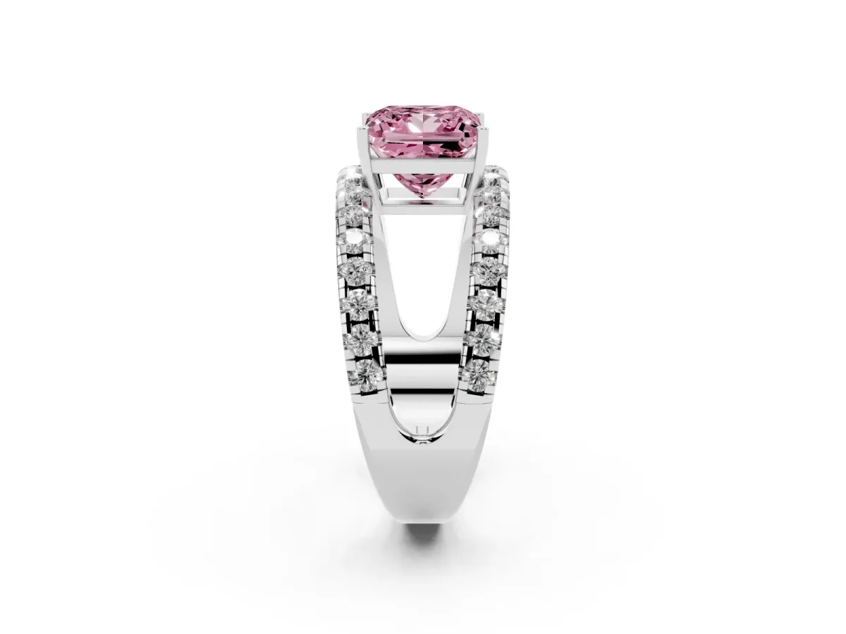 Fancy Pink Princess Cut Solitaire Split Shank Pave Diamond Ring Platinum