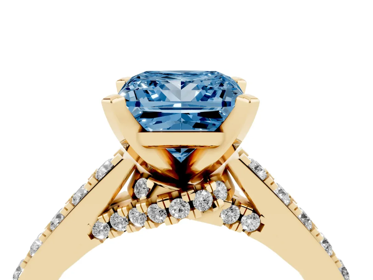 Fancy Blue Princess Cut Diamond Solitaire Ring with Crossover Gallery and Round Pavé Band Yellow gold