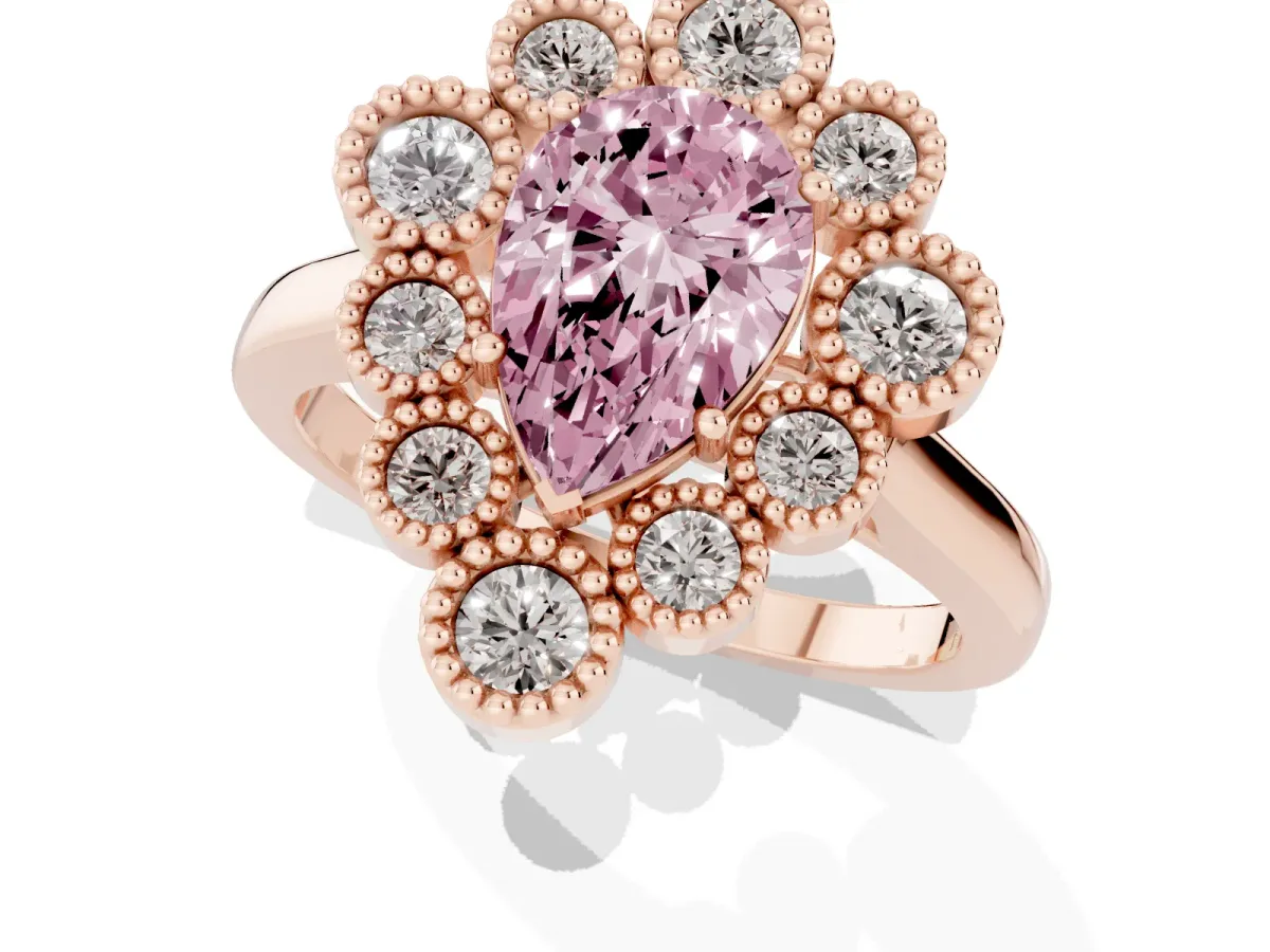 Fancy Pink Pear Cut Halo Diamond Cluster Engagement Ring with Milgrain Bezel Setting and Solitaire Band Rose gold