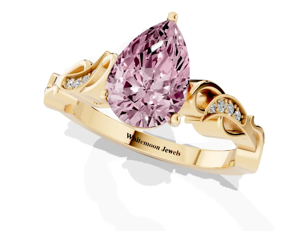 Fancy Pink Pear Cut Solitaire Vine Band with Milgrain Prong Setting Yellow gold