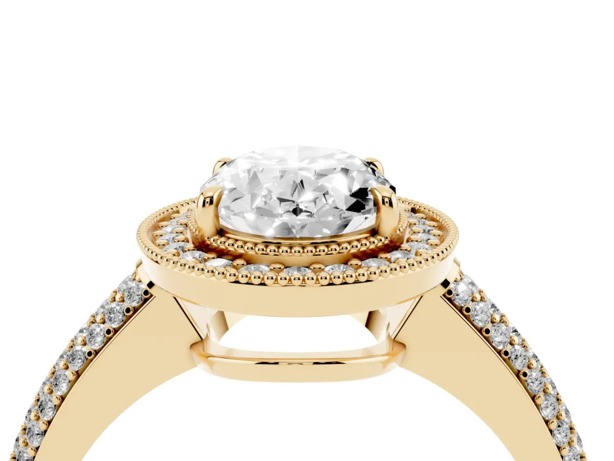 Oval Cut Cut Halo Diamond Pave Band with Four-Prong Setting Yellow gold