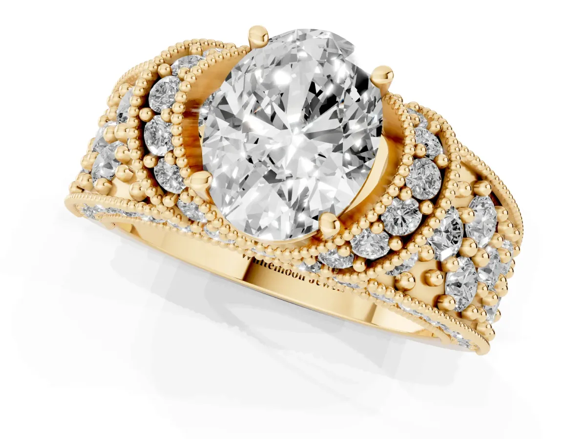 Oval Cut Halo Pave Diamond Engagement Ring with Milgrain Detailing Yellow gold